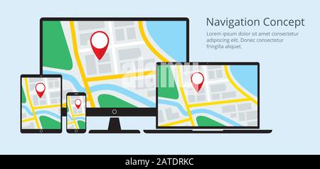 Konzept der reaktionsschnellen Navigationsanwendung für Desktop-Computer, Laptop, Tablet-PC und Smartphone. Karte mit GPS-Positionsmarkierung, die auf einigen Geräten angezeigt wird Stock Vektor