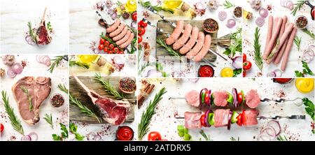 Fotobanner. Fotocollage, Grill, rohe Steaks und Fleisch. Auf weißem Holzhintergrund. Stockfoto