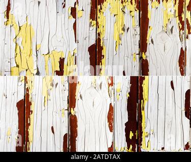 Bildersammlung mit weißer Peeling-Farbe auf grungigen Holzbohlen Stockfoto