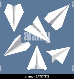 Flache Symbole für die Navigation auf der Papierebene festgelegt. Sammlung von Papierorigami-Flugzeugsymbolen. Sechs Vektorsymbole von Ebenen der Papierkram. EPS8-Vektorgrafiken Stock Vektor