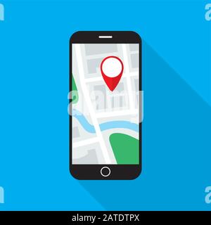 Navigationsanwendung auf dem Smartphone-Bildschirm. Karte mit GPS-Positionsmarkierung, die auf dem Handymonitor angezeigt wird. Symbol für flache Ausführung. Vektor eps8-Abbildung Stock Vektor