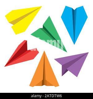 Flache Symbole für die Navigation auf der Papierebene festgelegt. Sammlung von Papierorigami-Flugzeugsymbolen. Sechs Vektorsymbole von Ebenen der Papierkram. EPS8-Vektorgrafiken Stock Vektor