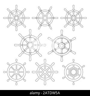 Vektorsymbole für das Steuerruder festlegen. Dünne Liniensymbole des Lenkrads des Lenkrads isoliert auf weiß. Lenkradsymbole. Sammlung von 8 Designelementen für Schiffshelm. Stock Vektor