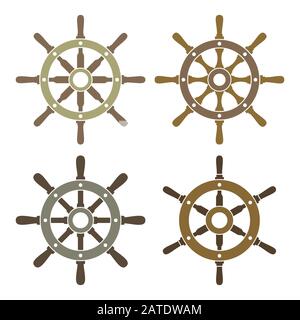 Vektorsymbole für das Steuerruder festlegen. Lenkradsymbole des Steuerrads isoliert auf weiß. Symbole für Lenkradsymbole. Sammlung von 4 Vektorsymbolen für das Schiffsruder Stock Vektor