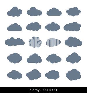 Wolken. Flache Symbole für Wolkenformen festgelegt. Cloud-Symbole. Wolken isoliert auf weißem Hintergrund. Sammlung von Cloud-Piktogrammen. Vektorsymbole von Wolken flach n Stock Vektor