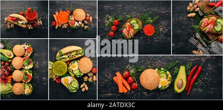 Fotocollage. Sandwich und Burger - Draufsicht. Stockfoto