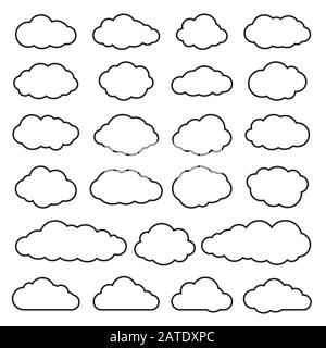 Cloud-Sammlung von dreiundzwanzig flachen Symbolen. Satz von wolkenversetzten Kontursymbolen. Schwarze Konturwolken isoliert auf weißem Hintergrund. Vektorgrafik Stock Vektor