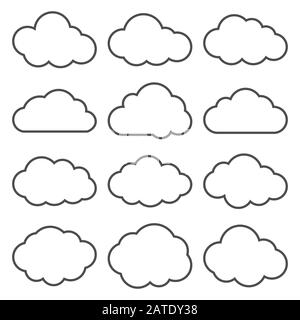 Die Symbole für die dünnen Linien der Wolke sind festgelegt. Cloud-Symbole. Sammlung von Cloud-Piktogrammen. Vektorsymbole einer Punktewolke im Stil einer dünnen Linie. EPS8-Vektorgrafiken Stock Vektor