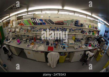 Fischaugenfoto eines wissenschaftlichen Forschungslabors Stockfoto