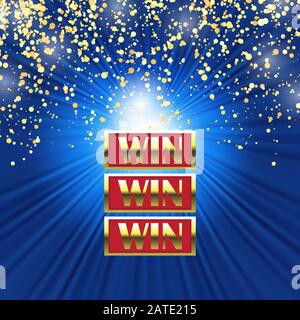 Gewinnerbanner mit goldenen Lettern auf blauem Hintergrund mit gelbem Confetti. Gewinner Lottery Game Sign Stock Vektor