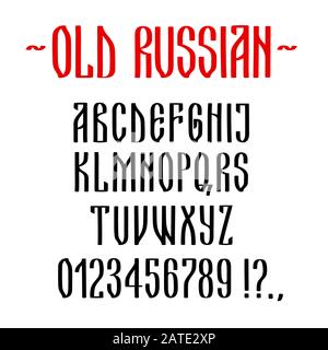 Lateinisches Alphabet stilisiert als alte russische kyrillische Schrift, Schrifttypensatz. Handgezeichnete Kalligraphie-Buchstaben mit flachem Pinsel. Stock Vektor