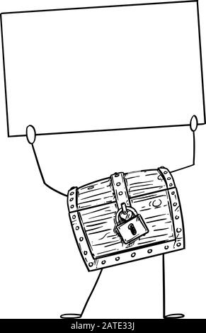 Vektor-Illustration von Cartoon Locked Treasure Pirate Chest Character mit leerem Schild in der Hand. Wirtschafts- oder Finanzwerbung oder Marketingdesign. Stock Vektor