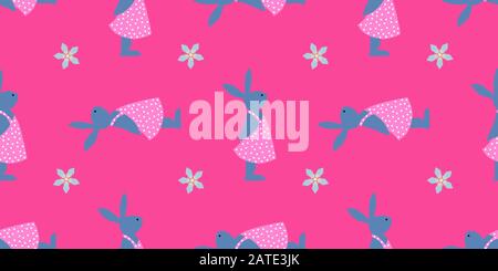 Nahtloses Muster für ostern. Osterhasen. Leuchtende Farben. Textur für das Umhüllungspapier. Frohe Feiertage. Frühlingsblumen. Blaurosa. Stock Vektor