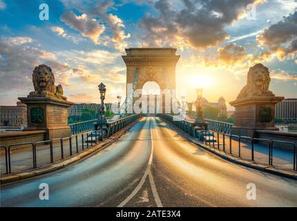 Statuen der Löwen auf die Kettenbrücke in Budapest bei Sonnenaufgang, Ungarn Stockfoto