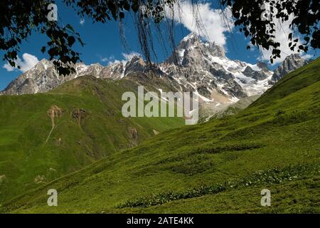 Kaukasus-Sommerlandschaft. Blick zum Gipfel des Mt. Ushba, eines der tödlichsten Berge in der Svaneti Region in Georgia Stockfoto