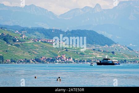 Menschen schwimmen und Wasserfähre auf dem Genfersee in Lausanne Stockfoto