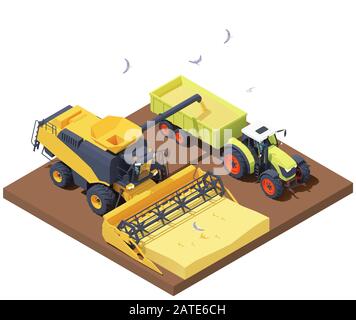 Vektorisometrischer Mähdrescher und Traktor bei der Ernte Stock Vektor