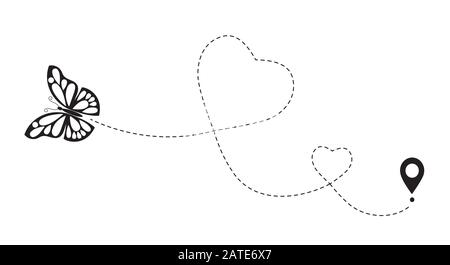 Doppelte Schmetterlingsroute. Romantische Reise simbol, Herz gestrichelte Linie Spur. Einfacher, herzlicher Weg, gepunktete Liebe valentinstag Zeichnung isoliert Stock Vektor