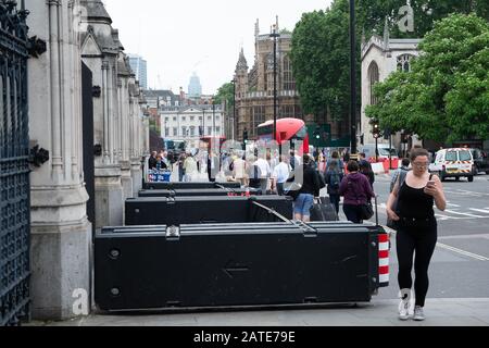Westminster, London, Großbritannien. Juni 2019. Sicherheitsbarrieren vor den Toren des Westminster Palace. Kredit: Maureen McLean/Alamy Stockfoto