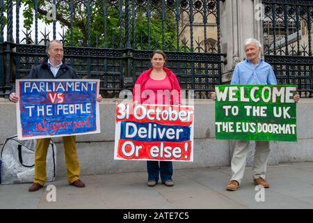 Westminster, London, Großbritannien. Juni 2019. Demonstranten halten das Parlament im Vergleich zu Den Menschen fest, am 31. Oktober Liefern oder Sonst und begrüßen die EU-Doormat-Plakate in Großbritannien. Kredit: Maureen McLean/Alamy Stockfoto