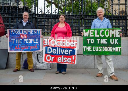 Westminster, London, Großbritannien. Juni 2019. Demonstranten halten das Parlament im Vergleich zu Den Menschen fest, am 31. Oktober Liefern oder Sonst und begrüßen die EU-Doormat-Plakate in Großbritannien. Kredit: Maureen McLean/Alamy Stockfoto