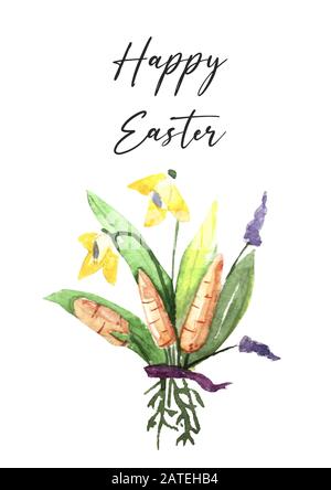 Ostergruß süßes Design mit Frühlingsblumen in Gänseblümchen, Mimosen und Narzissen, Kalligraphie Aufschrift Happy Easter auf Eiersilhouette auf türkisfarbenem Backg Stockfoto