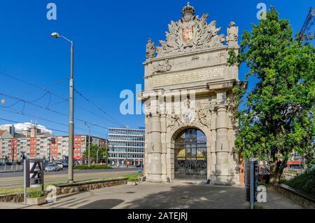 Szczecin, Provinz Westpomeran, Polen. Hafentor, Überreste der preussischen Befestigungsanlage. Stockfoto