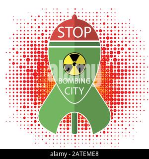 Kein Kriegszeichen. Grüne Atombombe mit Strahlenschild. Nukleare Rakete. Explodieren Sie Flash, Cartoon Explosion, Nuclear Burst. Stock Vektor