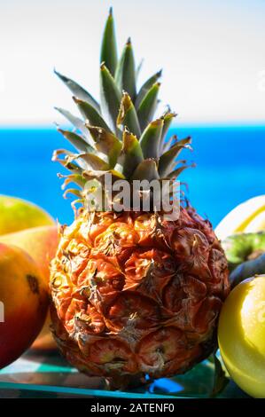 Tropische Früchte Sammlung, Custard Apple oder Grün reif cherymoia, Maracuja, Ananas, Mango, tamarillo Exotische Früchte auf blaues Meer Hintergrund in Stockfoto