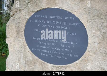 Memorial an Private Henry John Patch der letzte kämpfende Tommy in der Stadt Wells, Somerset, England Stockfoto