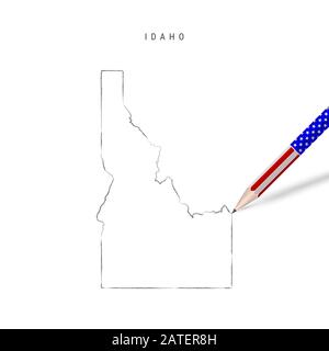 Idaho US-Staatskarte Bleistiftskizze. Idaho Konturkarte mit 3D-Bleistift in amerikanischen Flaggenfarben. Freihandzeichnung, handgezeichnete Skizze isoliert auf w Stockfoto