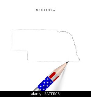 Nebraska US-Karte Bleistiftskizze. Nebraska Konturkarte mit 3D-Bleistift in amerikanischen Flaggenfarben. Freihandzeichnung, handgezeichnete Skizze isolieren Stockfoto
