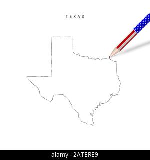 Texas US-Bundesstaaten Karte Bleistiftskizze. Texas Outline Konturkarte mit 3D-Bleistift in amerikanischen Flaggenfarben. Freihandzeichnung, handgezeichnete Skizze isoliert auf w Stockfoto