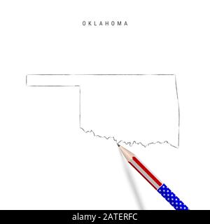 Oklahoma US-Staatskarte Bleistiftskizze. Oklahoma Outline Konturkarte mit 3D-Bleistift in amerikanischen Flaggenfarben. Freihandzeichnung, handgezeichnete Skizze isolieren Stockfoto