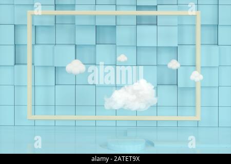 Cartoon-Wolken und Cartoon-Würfel, Geometrieraum, 3D-Rendering. Digitale Zeichnung des Computers. Stockfoto