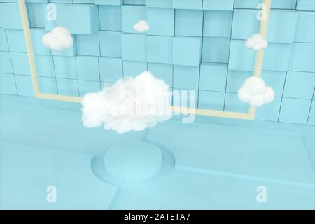 Cartoon-Wolken und Cartoon-Würfel, Geometrieraum, 3D-Rendering. Digitale Zeichnung des Computers. Stockfoto