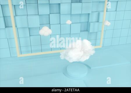 Cartoon-Wolken und Cartoon-Würfel, Geometrieraum, 3D-Rendering. Digitale Zeichnung des Computers. Stockfoto
