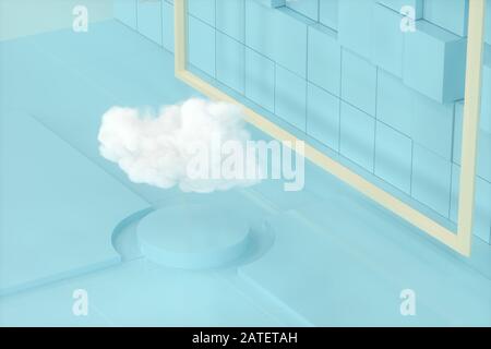 Cartoon-Wolken und Cartoon-Würfel, Geometrieraum, 3D-Rendering. Digitale Zeichnung des Computers. Stockfoto