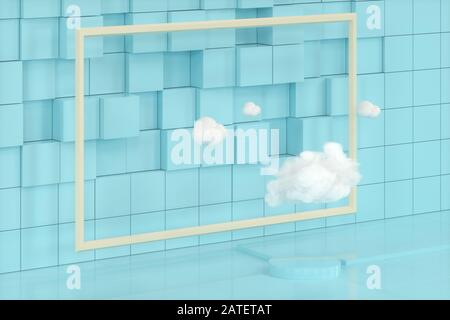 Cartoon-Wolken und Cartoon-Würfel, Geometrieraum, 3D-Rendering. Digitale Zeichnung des Computers. Stockfoto
