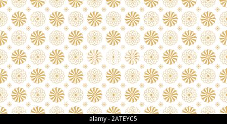 Goldenes nahtloses Muster mit geometrischen Blumen. Geometrische Goldtextur mit Blumenmuster auf weißem Hintergrund für den Druck auf Stoff, Textilgewebe und Verpackungspapier Stock Vektor