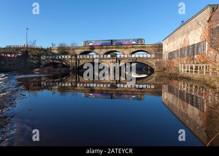 Der Schrittmacherzug Arriva Northern Rail der Klasse 144, der den Viadukt bei Burton Weir, River Don, Attercliffe, Sheffield überquert, spiegelte sich im Wasser darunter wider Stockfoto