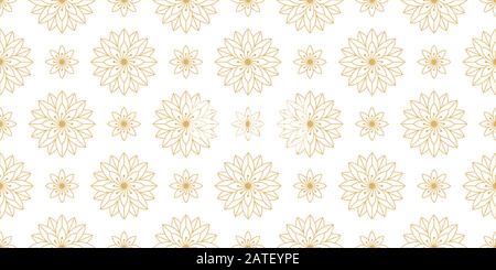 Goldenes nahtloses Muster mit Blumen mit geometrischem Umriss. Geometrische Goldtextur mit Blumenmuster auf weißem Hintergrund für den Druck auf Stoff, Textilgewebe und Wrappi Stock Vektor