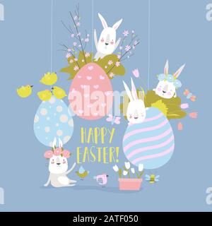 Süße Cartoon-Brötchen mit Ostereiern und Blumen Stock Vektor