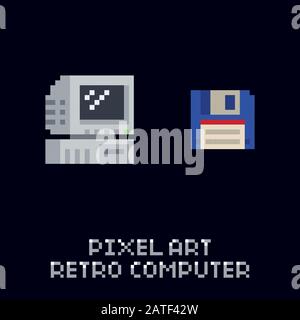 Pixel Art Retro-Computer und blaues Diskettensymbol - Vintage 8 Bit Vektor auf dunklem Hintergrund gesetzt Stock Vektor