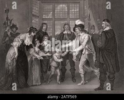 Dem gefangenen König Karl I. ist ein Besuch seiner Familie in Anwesenheit von Oliver Cromwell, 1649, gestattet Stockfoto