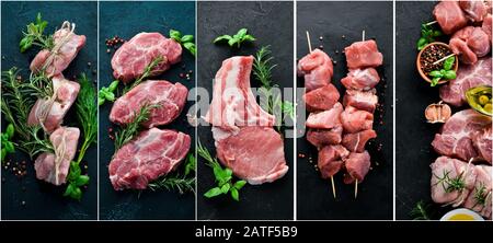 Foto Collage Rohes Fleisch und Steak. Draufsicht. Stockfoto
