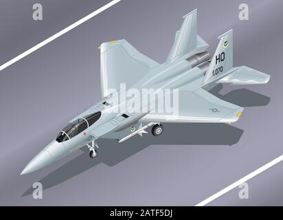 Detaillierte Isometrische Vektordarstellung eines F-15 Eagle Jet Fighter auf dem Boden Stock Vektor