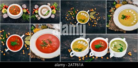 Fotocollage. Suppe. Warme Speisen. Früchte. Draufsicht. Stockfoto