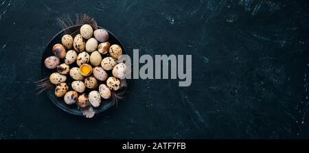 Wachteleier in einem schwarzen Teller. Auf dem alten Hintergrund. Draufsicht. Freier Speicherplatz. Stockfoto