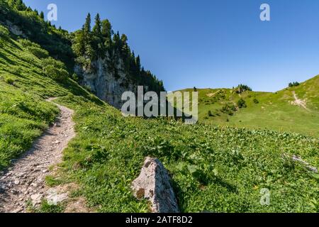 Fantastische Wanderung in den Tannheimer Bergen vom Gipfel des Neunerkopfle über die Landsberger Hütte zum schönen Vilsalpsee. Stockfoto